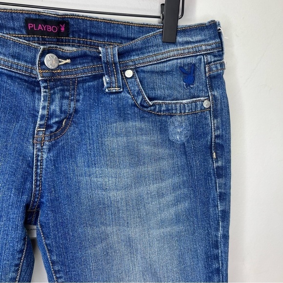 Y2K Vintage Playboy Denim Capris Button Detail Casual Denim Cropped Distressed - Picture 4 of 14